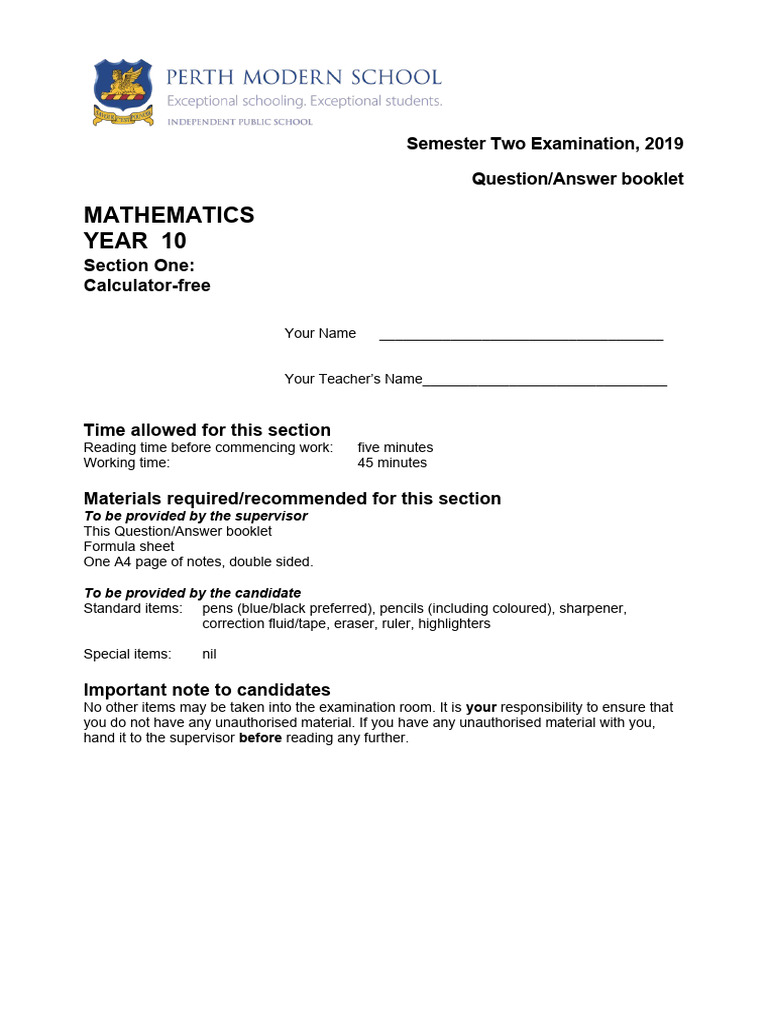 Year 10 Mathematics Exam Paper 2019 | PDF | Mathematics