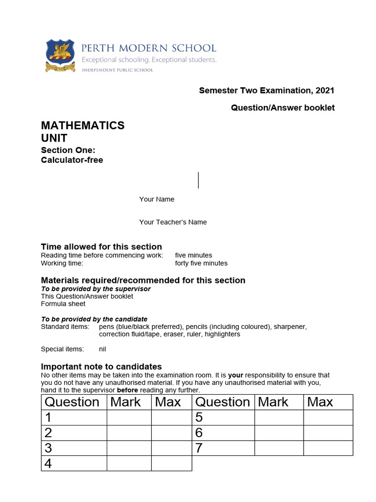 Yr 10 Mathematical - Sems Two - Calc - Free - Exam - 2021MARKING KEY ...