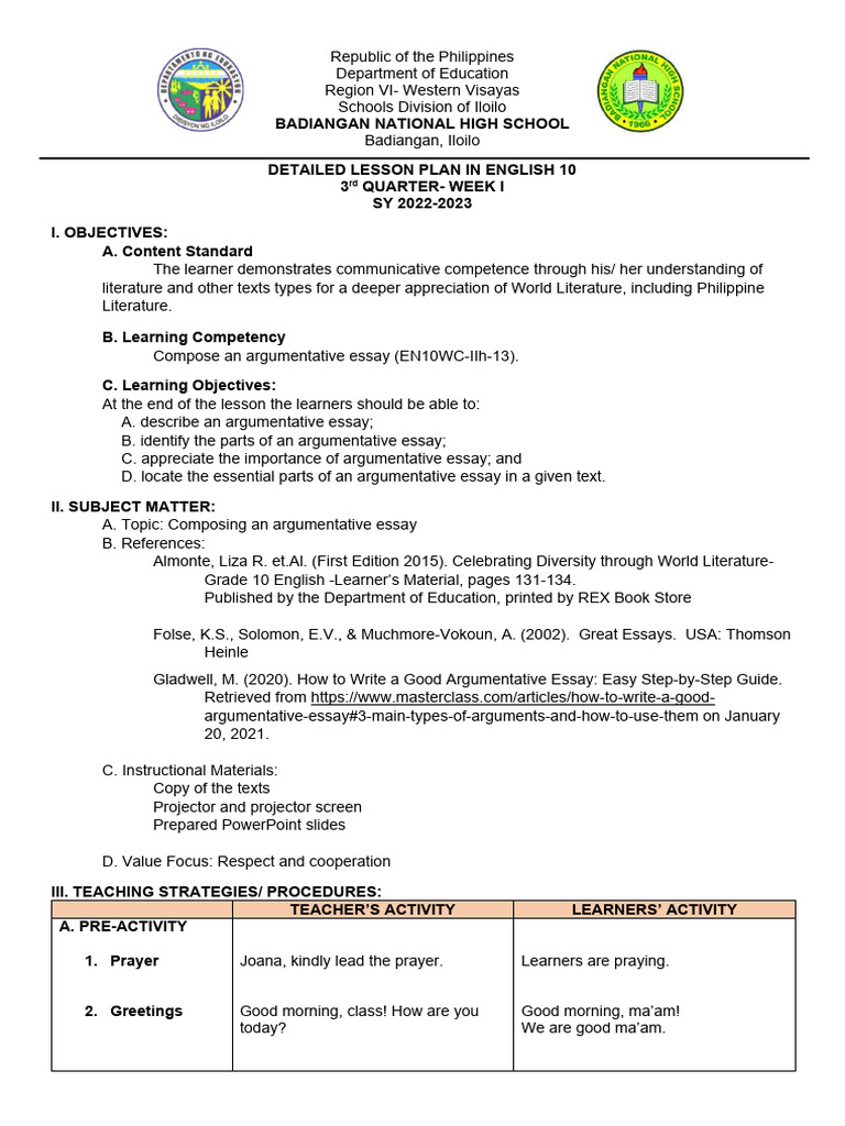 English 10 Lesson Plan: Argumentative Essays | PDF | Essays | Dolphin