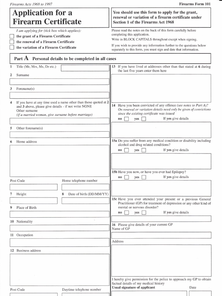 Firearms Form 101 Handgun Cartridge (Firearms)