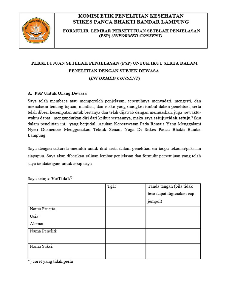 PSP Informed Consent untuk Penelitian | PDF | Pengembangan Diri