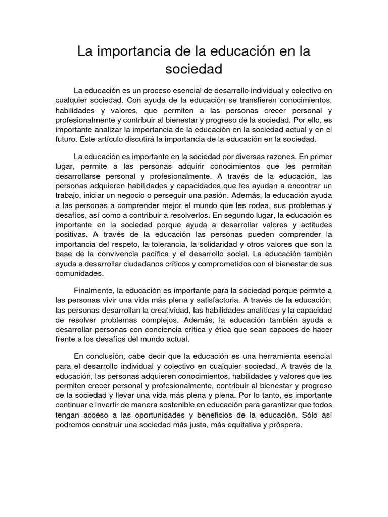 Importancia de la educación en la sociedad | PDF | Sociedad | Tolerancia