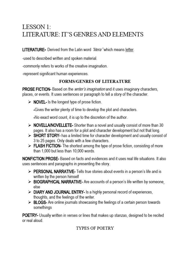 Literature Genres and Elements Explained | PDF | Poetry | Narrative