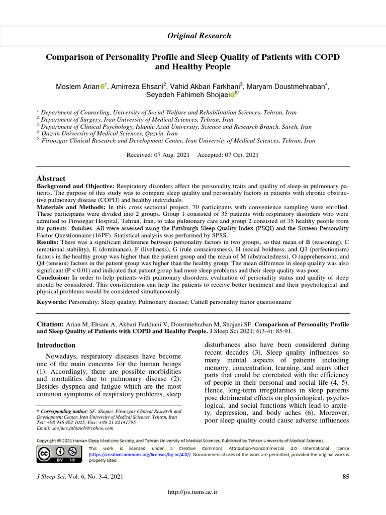Comparison of personality profile and sleep quality of patients with