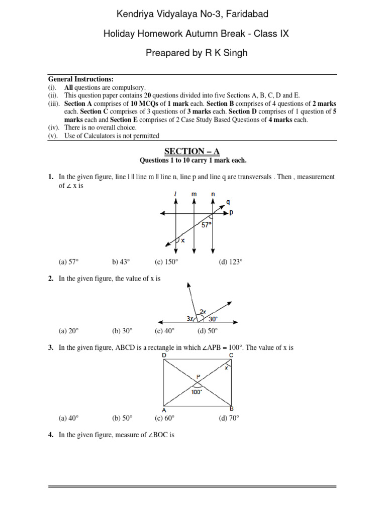 Maths Class Ix Holiday Homework Autumn Break Pdf Euclid