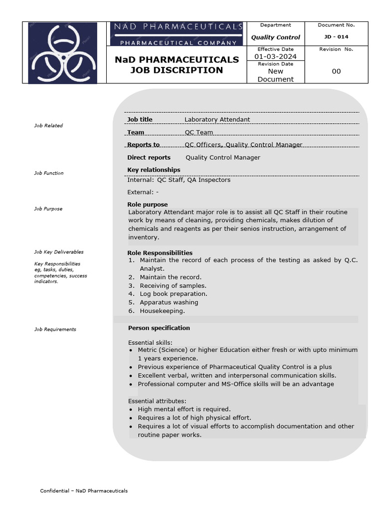 Laboratory Attendant Job Description | PDF | Laboratories