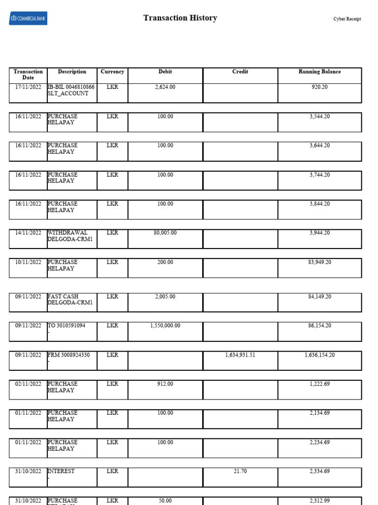 LKR Transaction History Summary | PDF | Cash | Service Industries