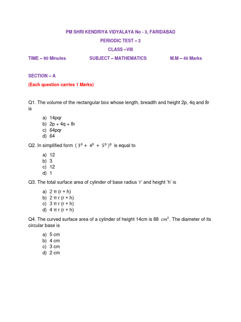 Class 8 Mathematics Periodic Test Paper | PDF | Geometric Shapes | Geometry