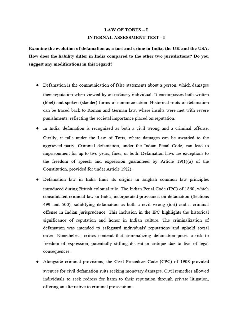 Torts Iat Ii Pdf Defamation Tort