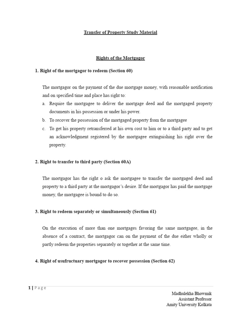 Transfer of Property Notes | PDF | Mortgage Law | Lease