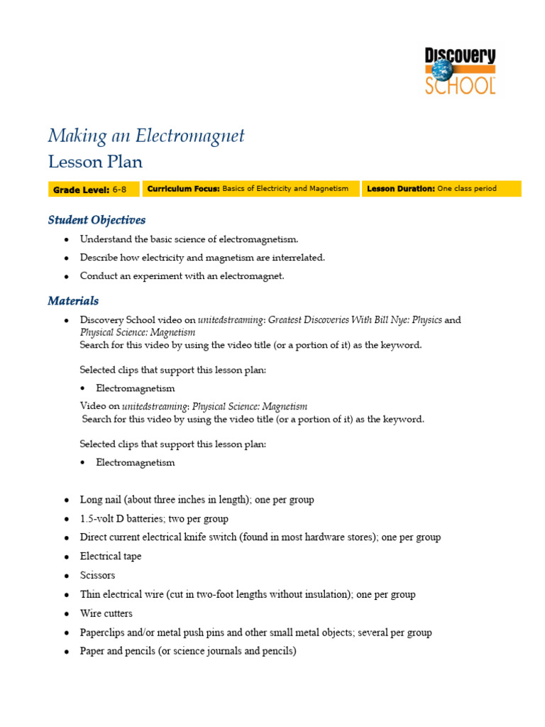 Electromagnetism Lesson Plan | PDF | Electricity | Magnetic Field