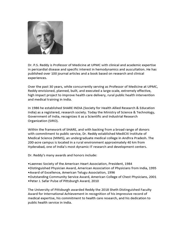 Dr. P.S. Reddy: Medical Pioneer in India | PDF