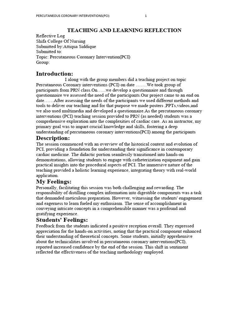 PCI Teaching Reflection and Insights | PDF | Percutaneous Coronary ...