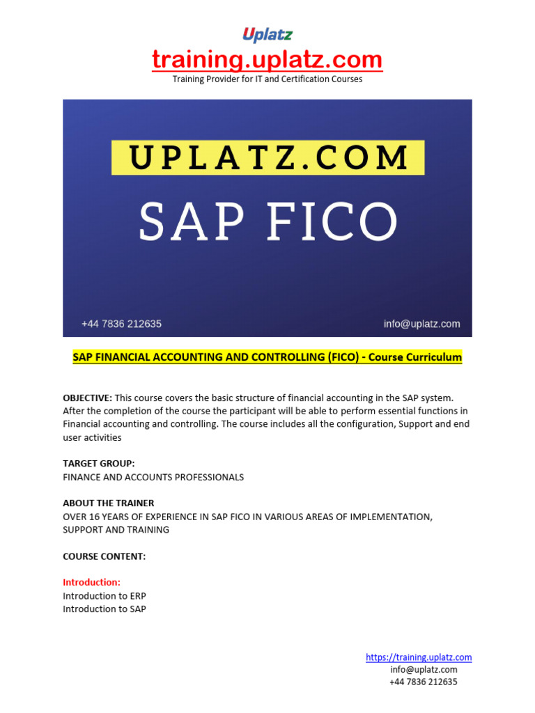 Sap Financial Accounting and Controlling (Fico) - Course Curriculum ...