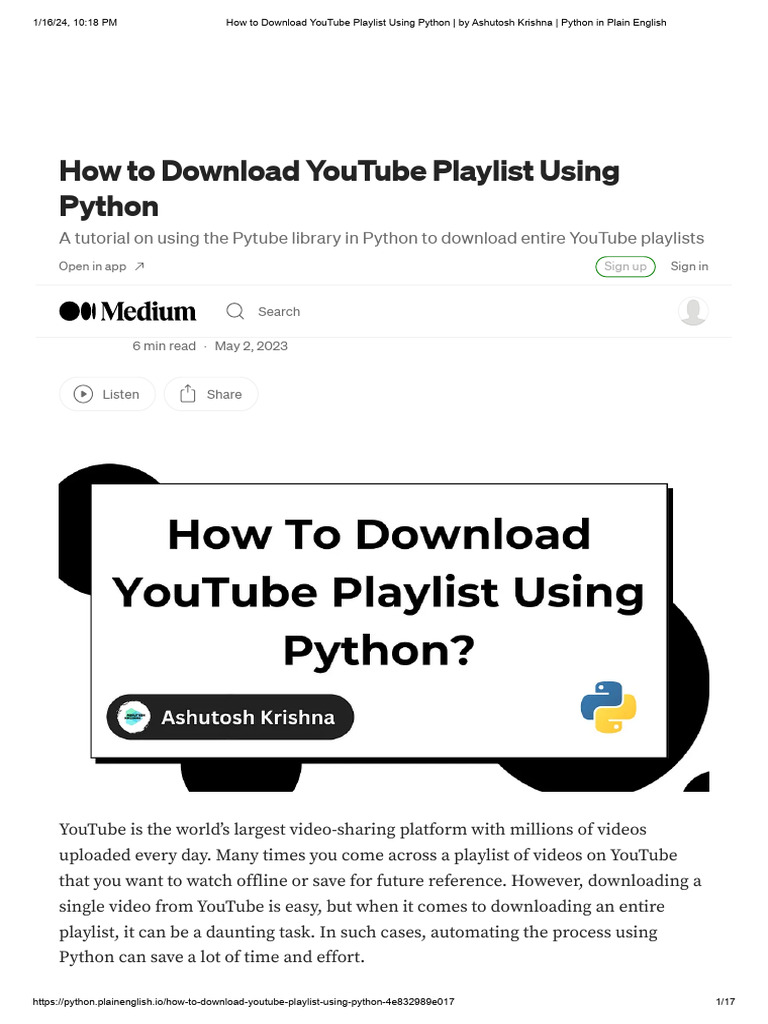 How To Download YouTube Playlist Using Python - by Ashutosh Krishna ...