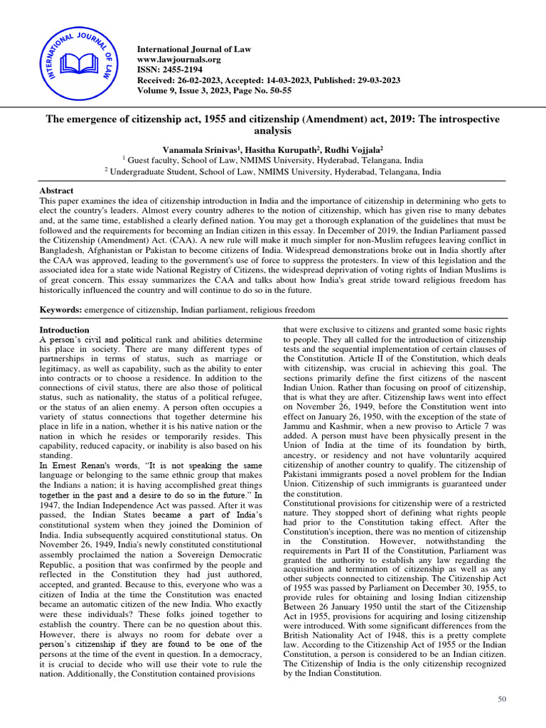The Emergence of Citizenship Act 1955 An | PDF | Naturalization ...