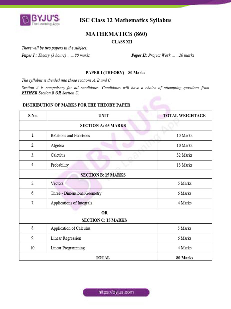 ISC Class 12 Mathematics Syllabus | PDF | Matrix (Mathematics ...