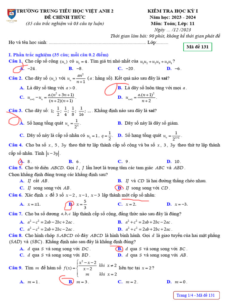 De Cuoi Hoc Ky 1 Toan 11 Nam 2023 2024 Truong Viet Anh 2 Binh Duong | PDF