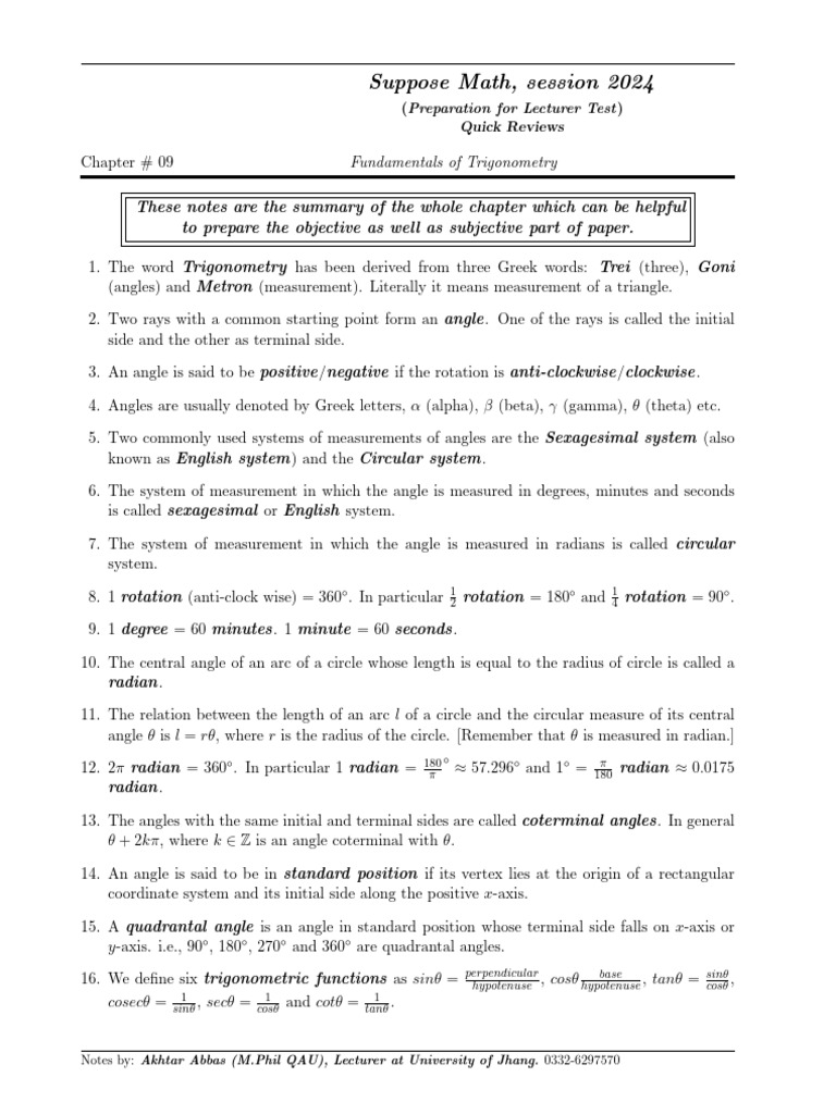 Quick review fundamentals of trigonometry pdf angle cartesian
