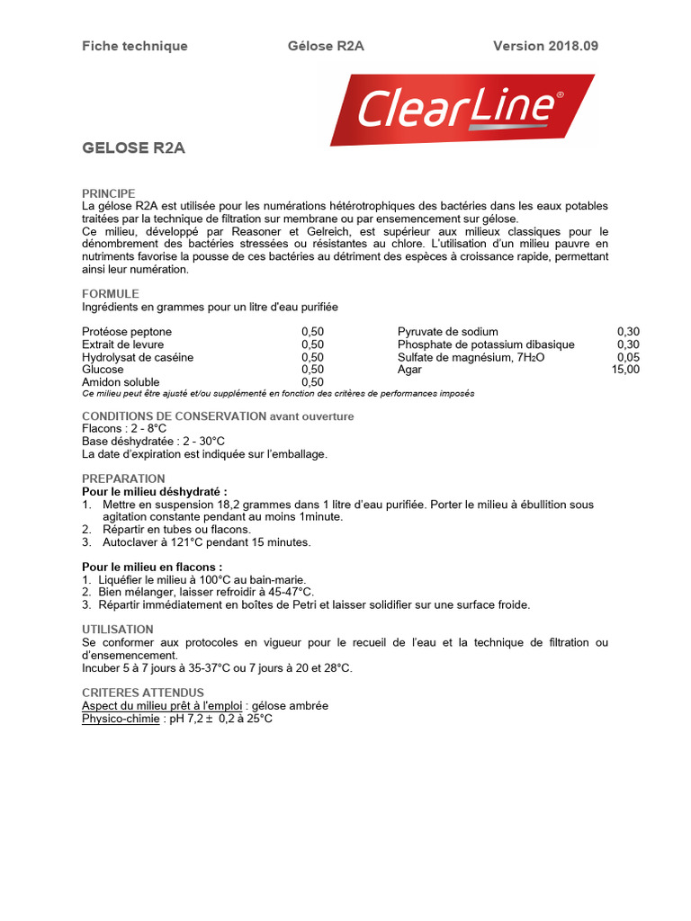 Fiche technique de la gélose R2A | PDF | Microbiologie