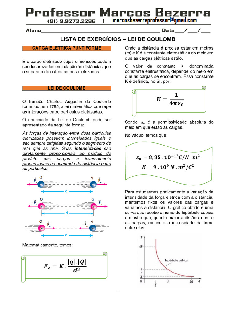 Exercícios sobre a Lei de Coulomb | PDF | Eletrostática | Carga elétrica