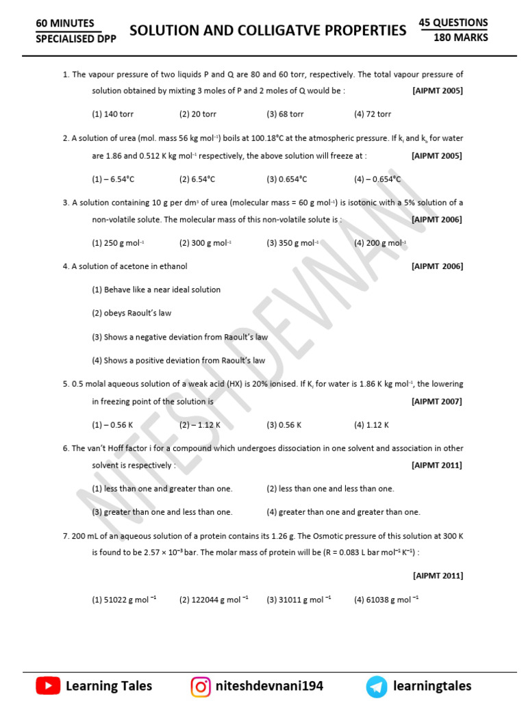 Colligative Properties Practice Questions | PDF | Chemistry | Phases Of ...