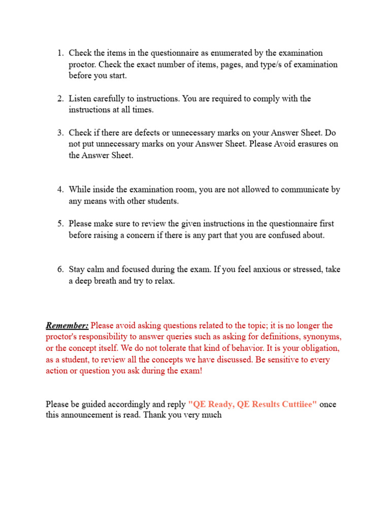 Science Exam Important Reminders | PDF | Self-Improvement | Wellness