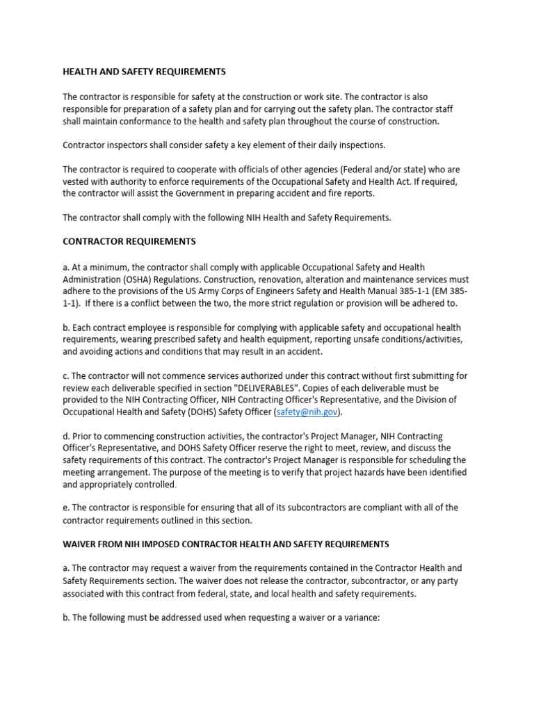 Contractor Health And Safety Requirements Pdf Occupational Safety
