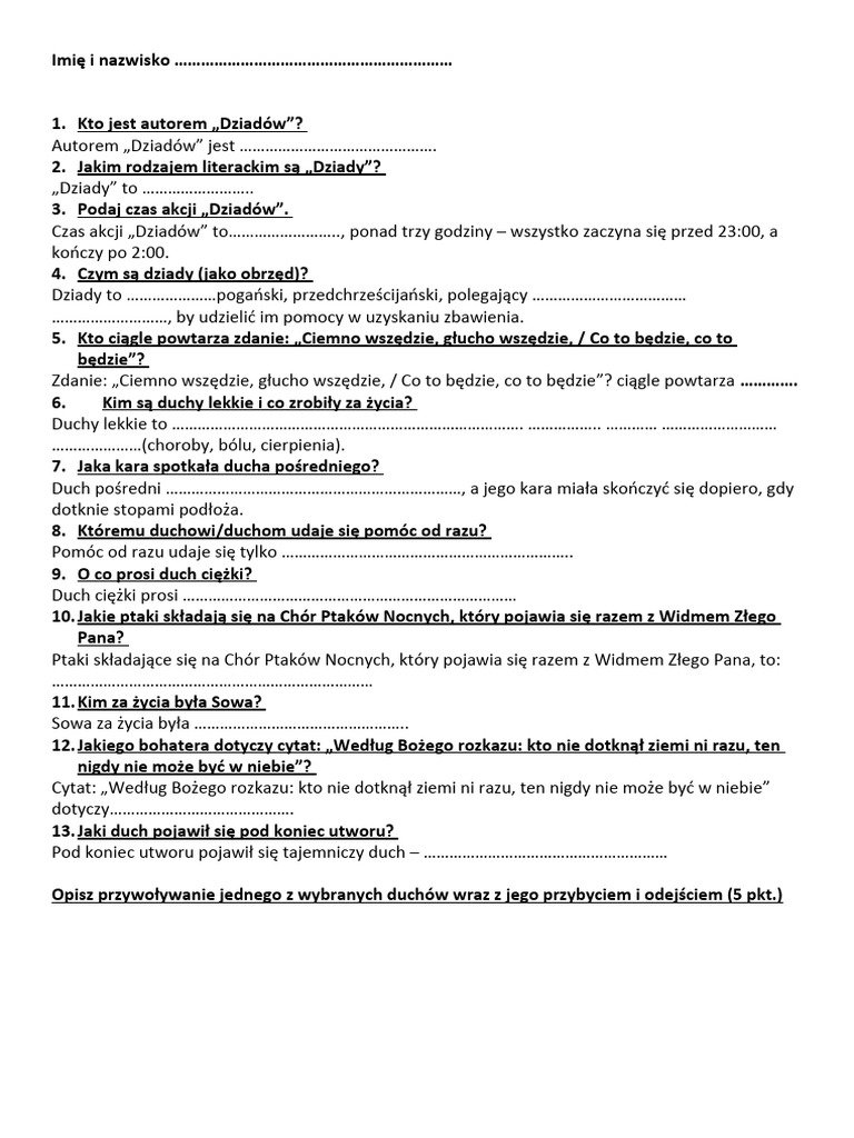 Dziady Cz 2 Test Szczegółowy Test - Dziady | PDF