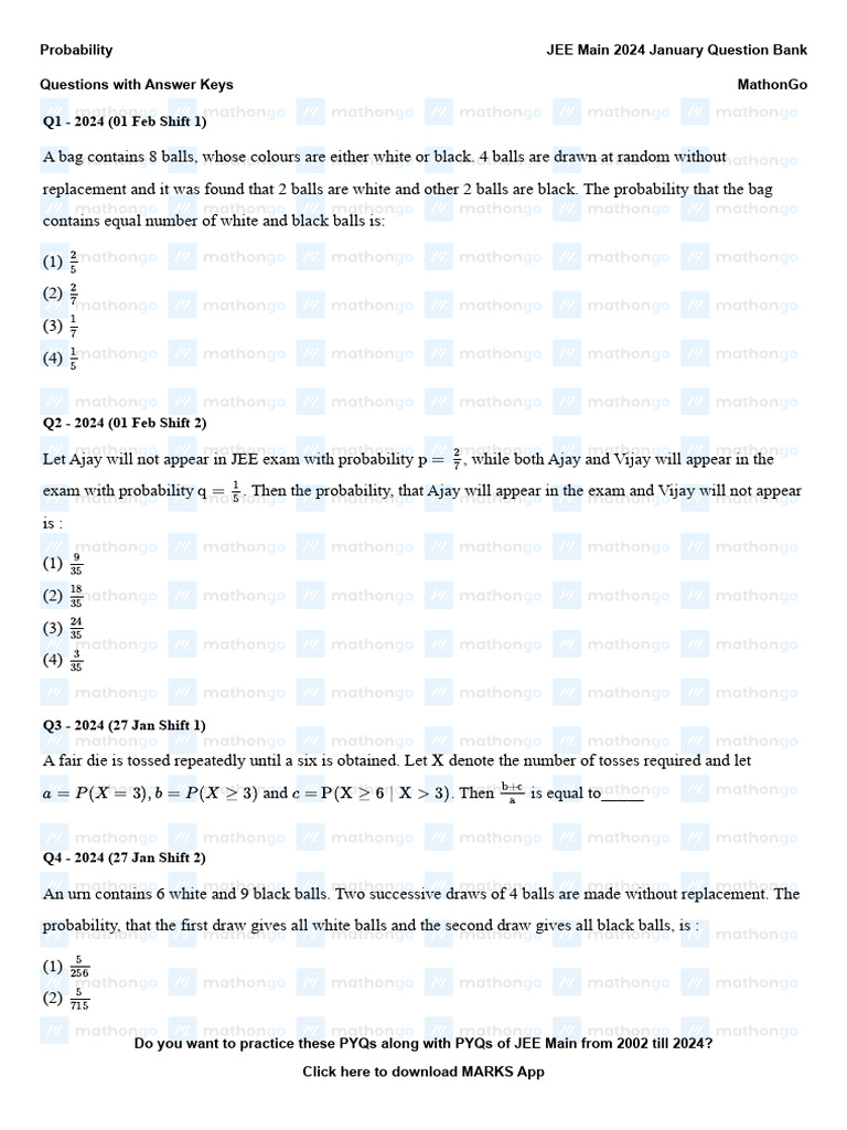Probability Questions for JEE Main 2024 | PDF | Applied Mathematics ...