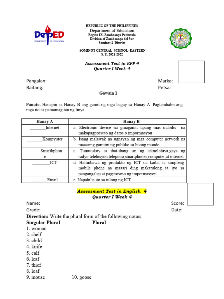 Assessment Test Quarter 1 Week 4 | PDF