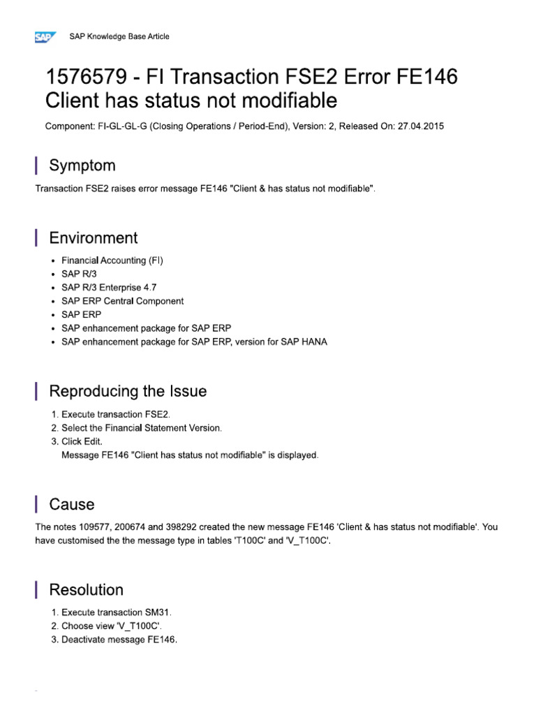 FI Transaction FSE2 Error FE146 CLIENT HAS STATUS NON MODIFIABLE-FSV ...
