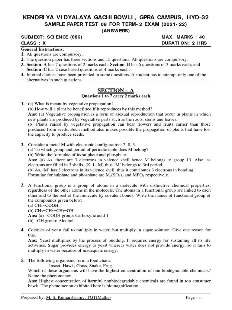 Science Class X Term 2 Sample Paper Test 08 2021 22 Answers PDF