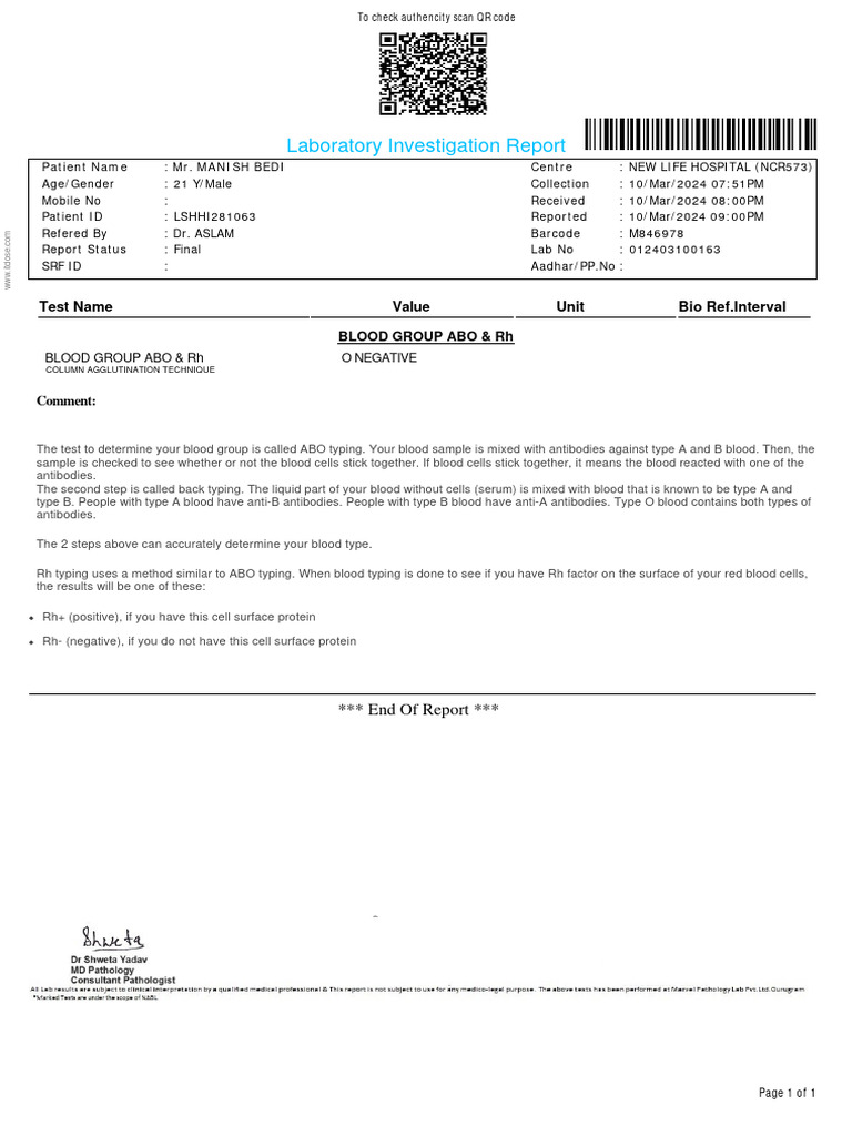 ABO & Rh Blood Group Testing Report | PDF | Blood Type | Immunology