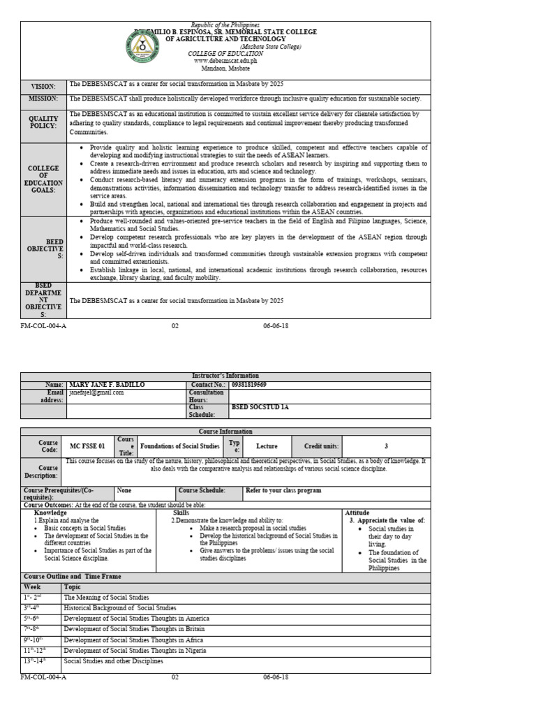 Social Studies Course Overview at DEBESMSCAT | PDF | Science