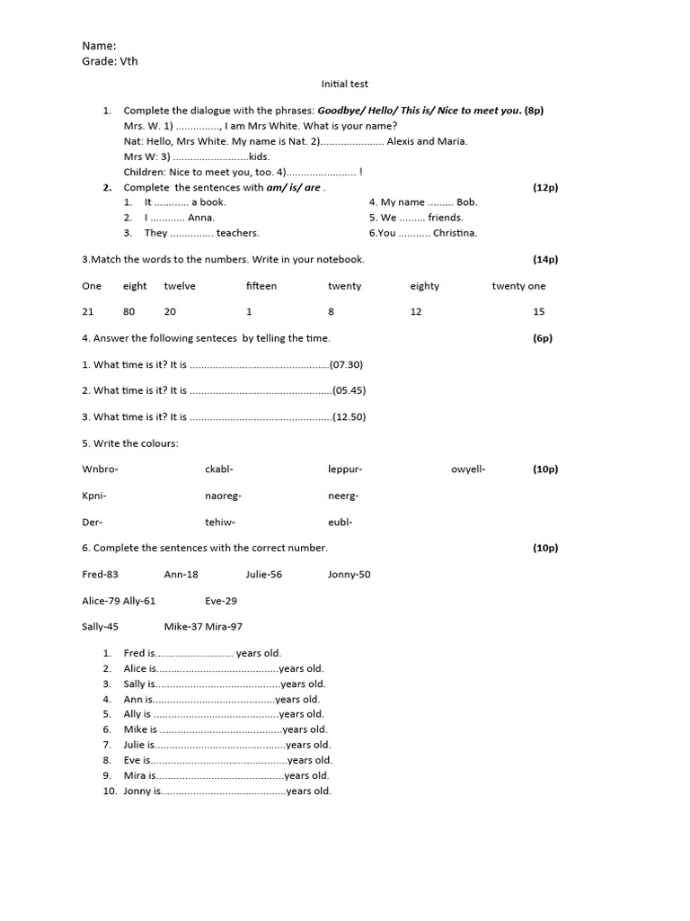 Vth Grade Initial Test: Dialogue & Grammar | PDF