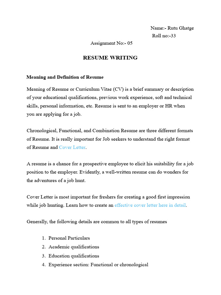 Resume Writing: Meaning and Definition of Resume | PDF | Résumé | Cognition