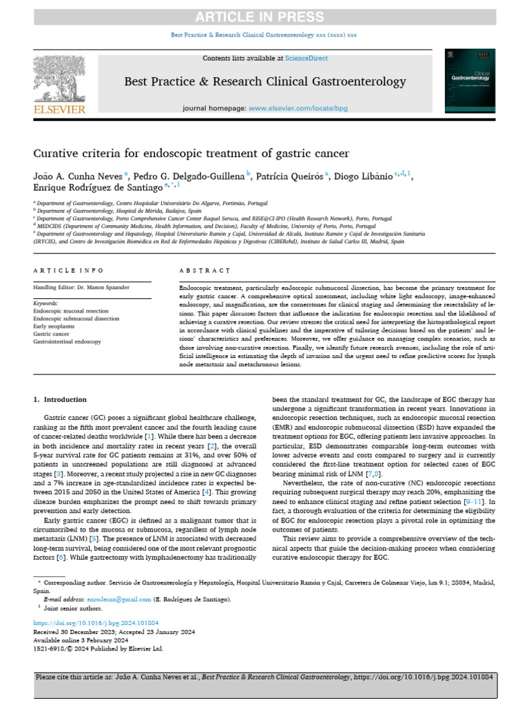 Curative Criteria For Endoscopic Treatment of Gastric Cancer - PEDRO ...