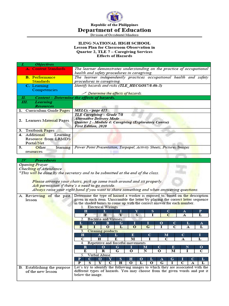 Lesson Plan in TLE 7 - Q2 | PDF | Hazards | Caregiver