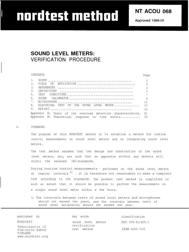 NT acou 068_ Sound level meters_Verification procedure-Nordtest Method ...