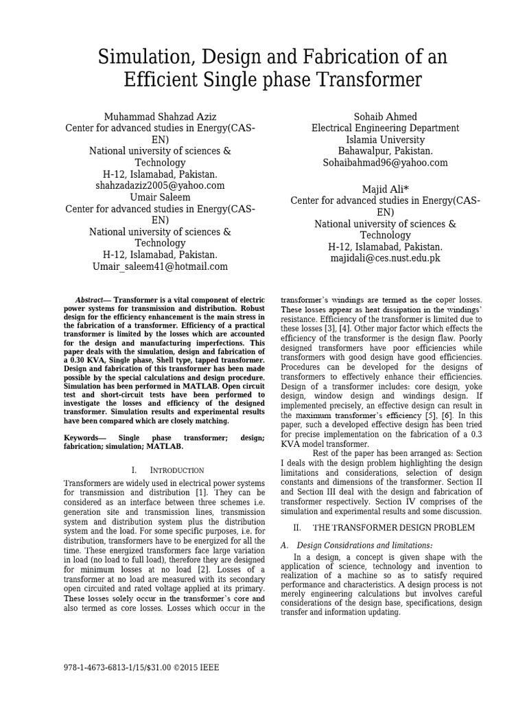 Efficient Design of a Single Phase Transformer | PDF | Transformer ...
