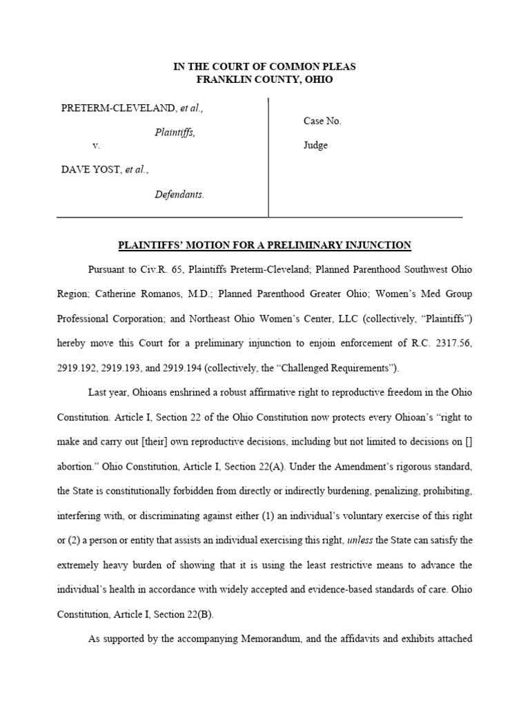 Motion For Preliminary Injunction | PDF | Abortion | Pregnancy