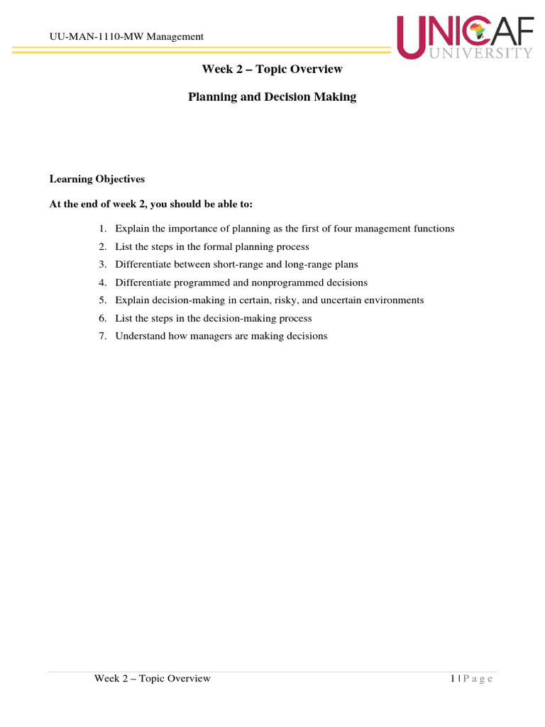 Week 2 - Planning and Decision Making | PDF | Decision Making | Rationality