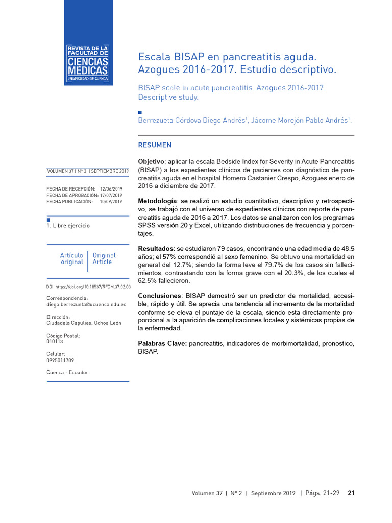 Escala BISAP en Pancreatitis Aguda | PDF | Sistema digestivo | Medicina ...