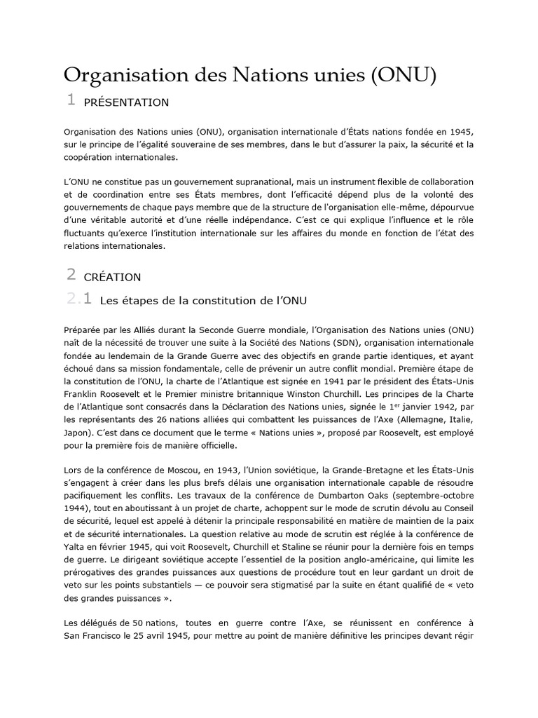 Création et principes de l'ONU | PDF | Nations unies | Relations ...