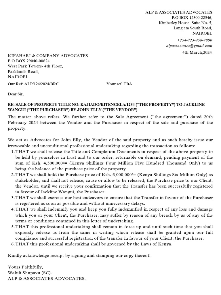 Professional Undertaking for Property Sale | PDF | Justice | Crime ...