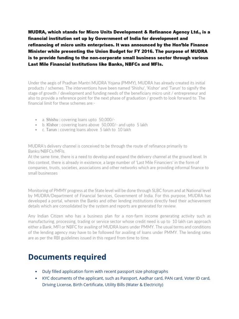 MUDRA Loan Schemes for Small Businesses | PDF | Loans | Banks