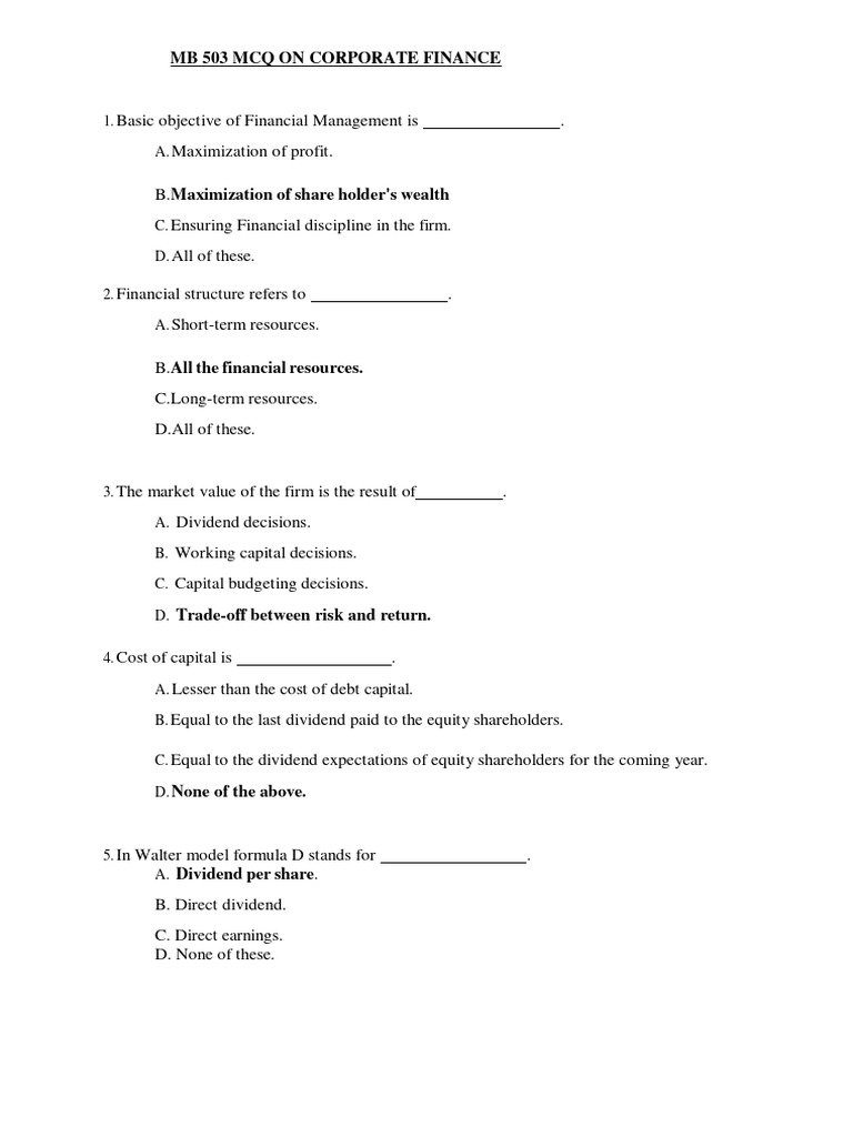 Corporate Finance MCQ Overview | PDF | Financial Capital | Financial Risk