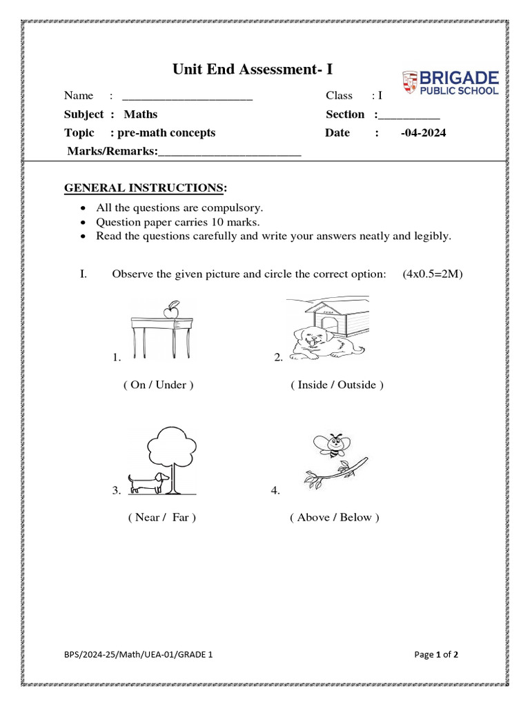 Grade 1 Maths Unit Assessment Guide | PDF