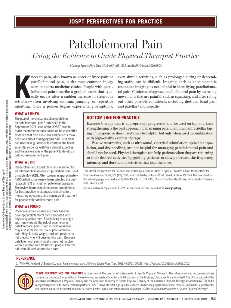 2019 patellofemoral pain using the evidence to guide physical therapist